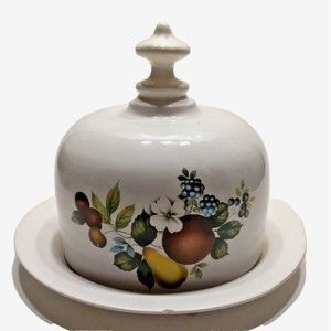 Vintage Cheese Butter Dish Domed Serving White Ceramic Fruits Florals